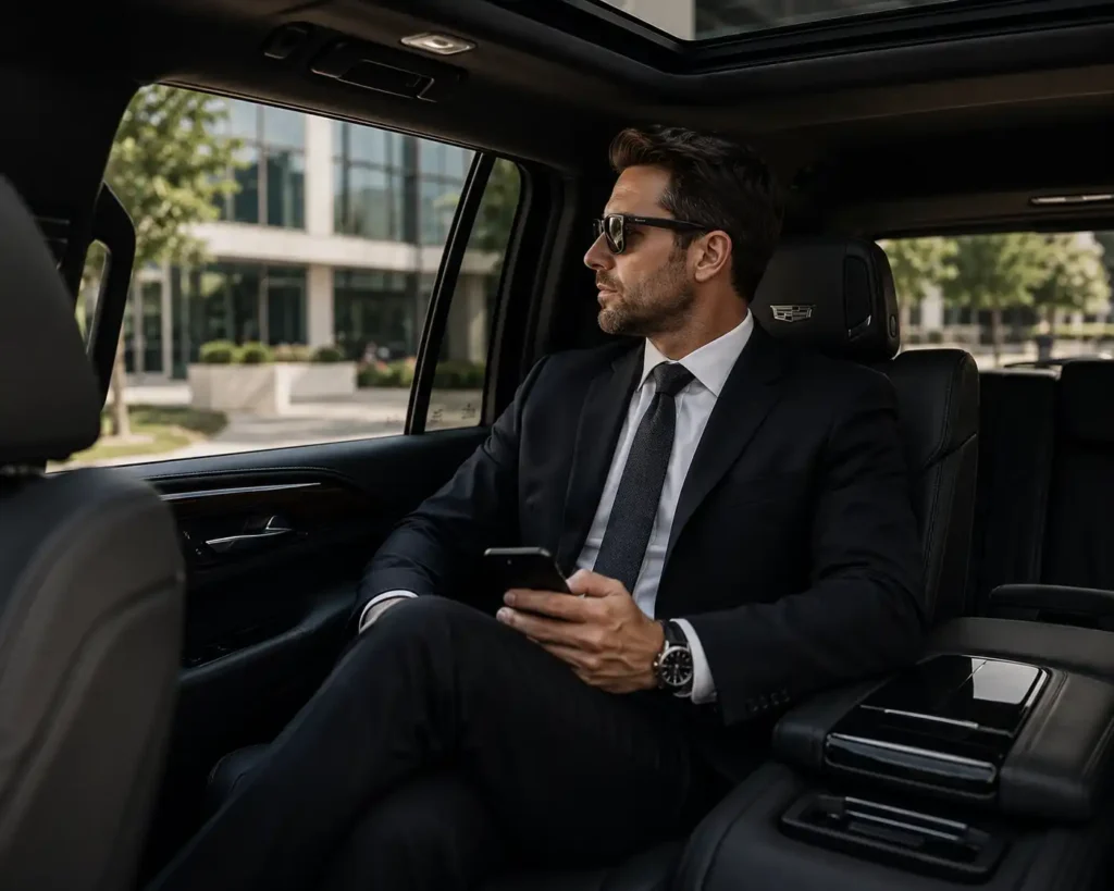Scene of Corporate Client Sitting in Black Luxury Car