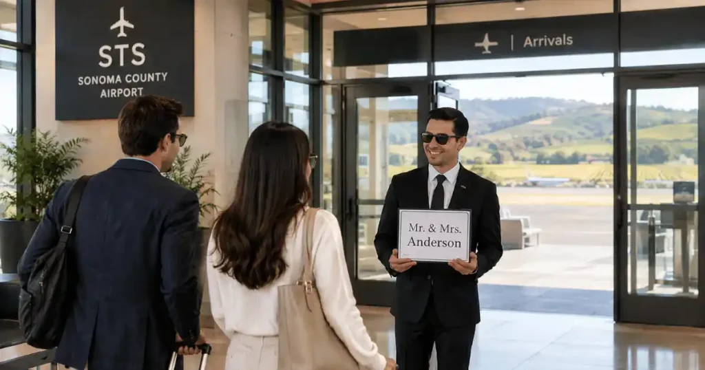 Got Luxury Ride chauffeur meet-and-greet with name sign at Sonoma County Airport