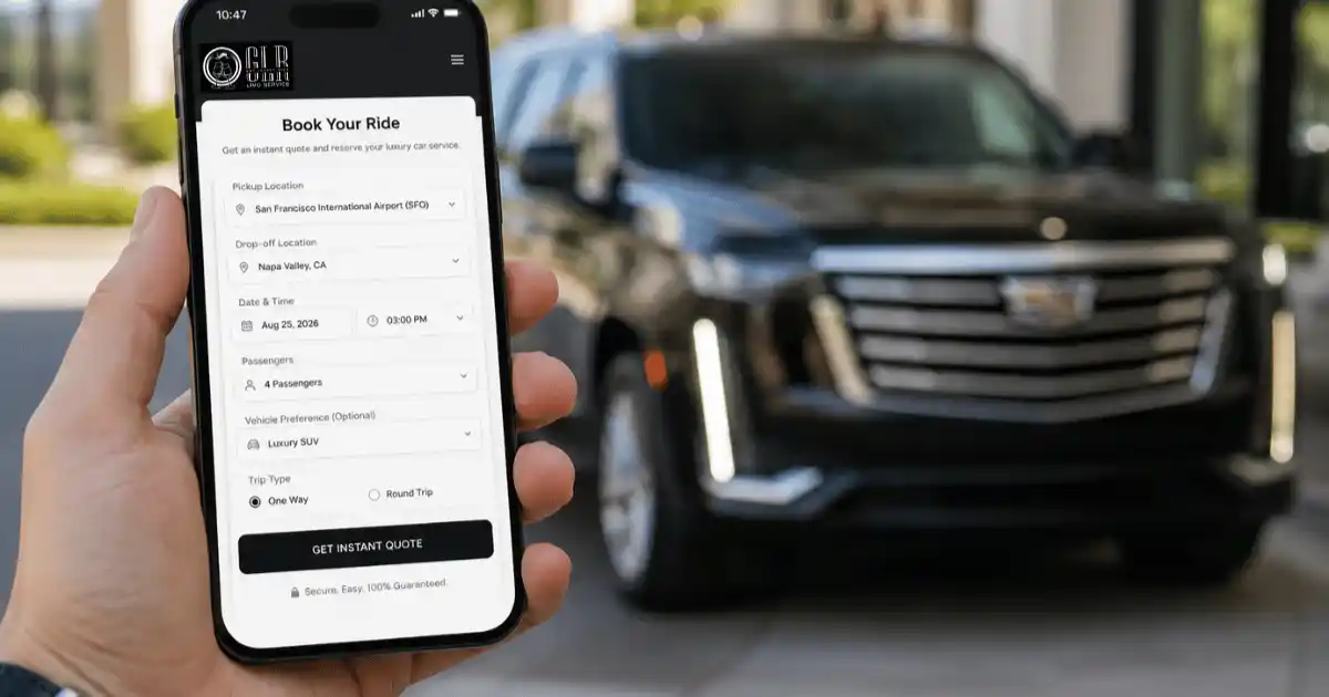 Smartphone in hand displaying a clean booking form UI, blurred black luxury SUV in background, daylight, modern lifestyle product photography