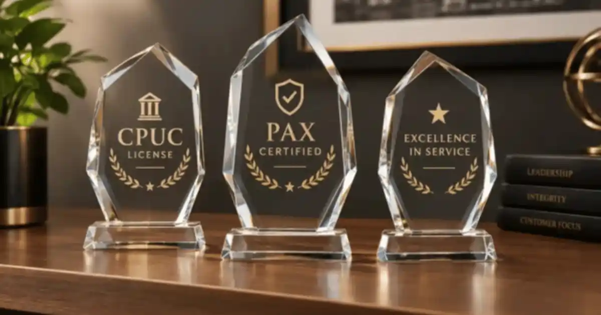 Three crystal awards displaying CPUC License, PAX Certified, and Excellence in Service recognition on a wooden desk.