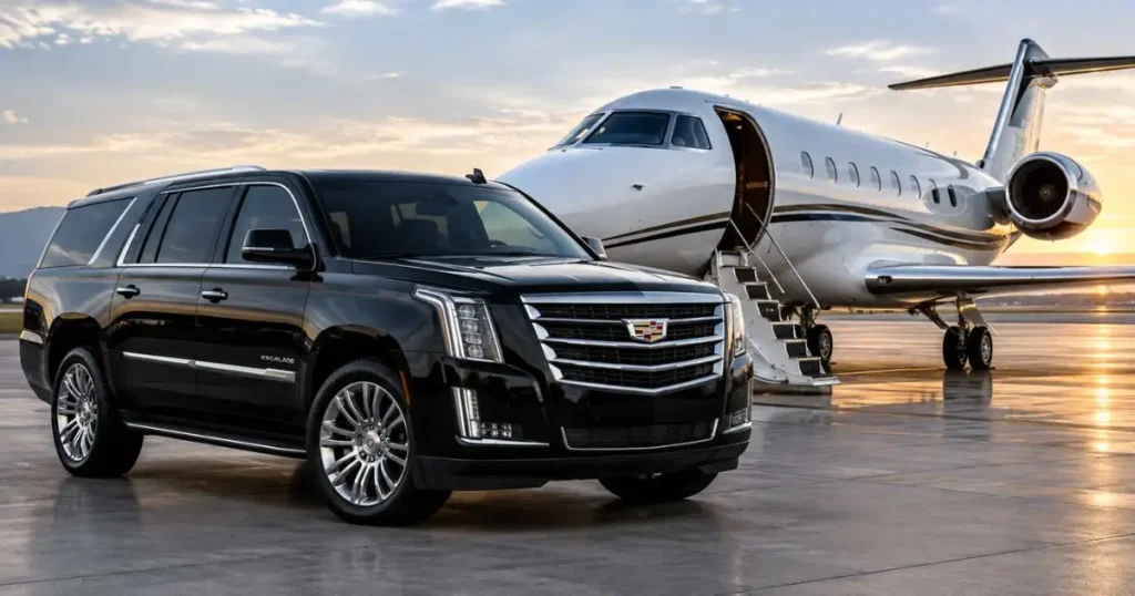 Black Cadillac Escalade on the tarmac at Napa County Airport