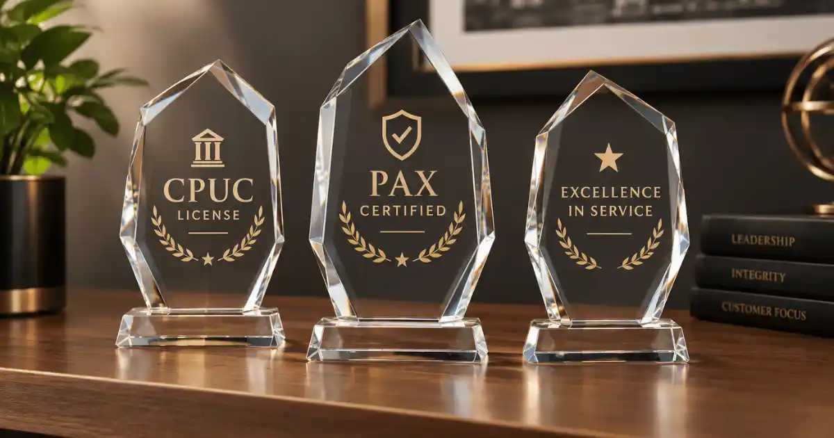 Three crystal awards displaying CPUC License, PAX Certified, and Excellence in Service recognition on a wooden desk.