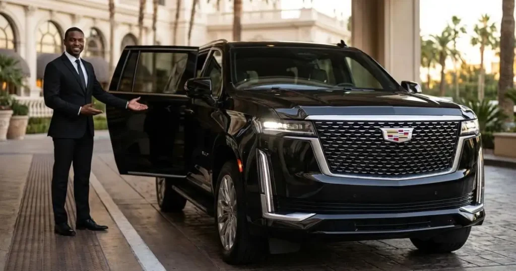Black Cadillac Escalade with chauffeur beside the vehicle