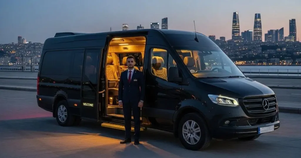 Black Mercedes Sprinter van with chauffeur for group transportation