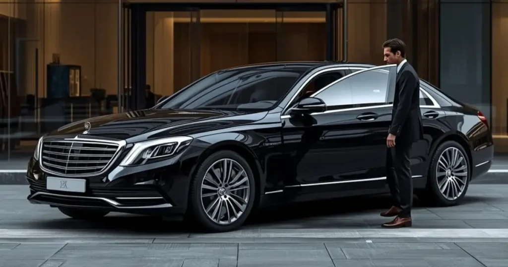 Black executive sedan with chauffeur outside a hotel