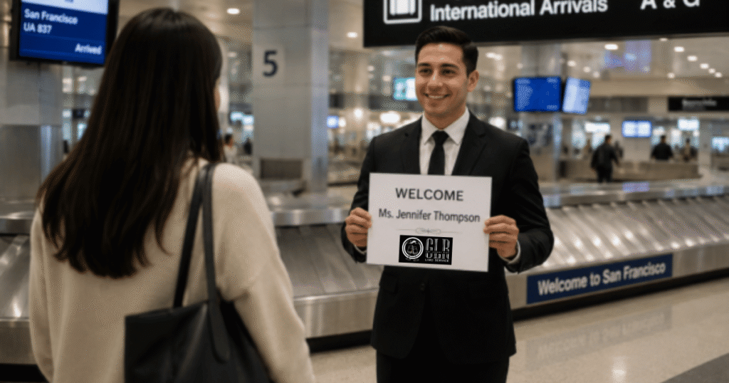 Got Luxury Ride chauffeur meet-and-greet with name sign at SFO baggage claim